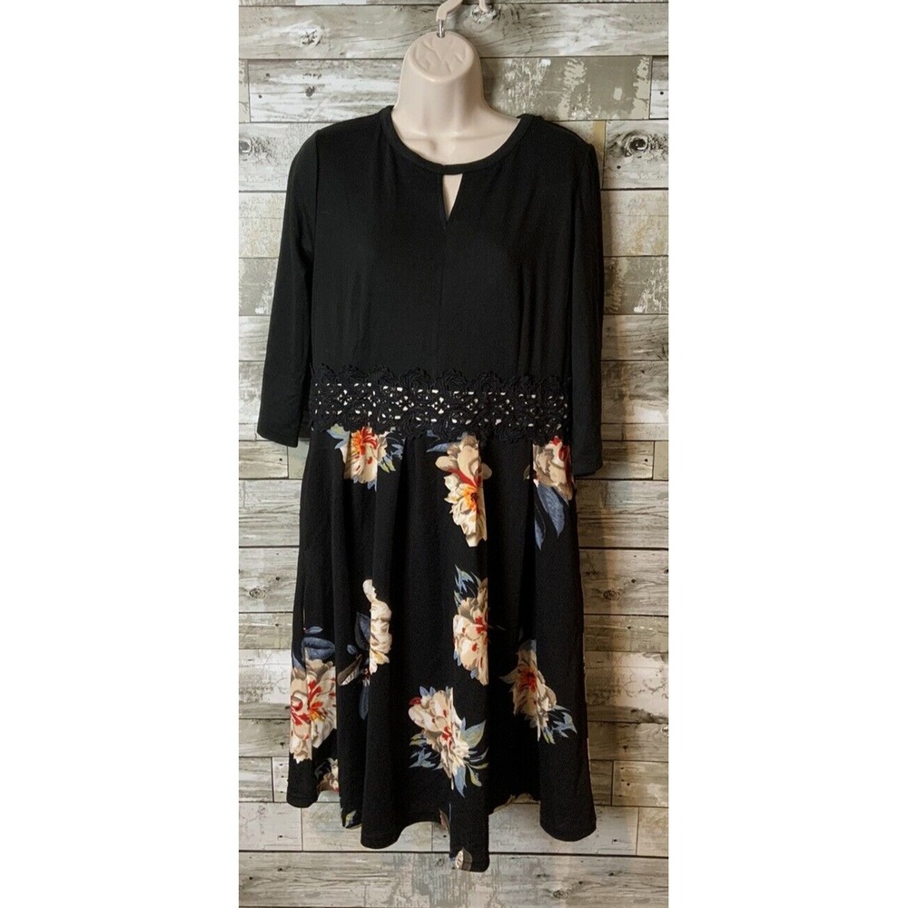 Owin Womens Black Floral 3/4 Sleeve Keyhole‎ Top Dress Size XL